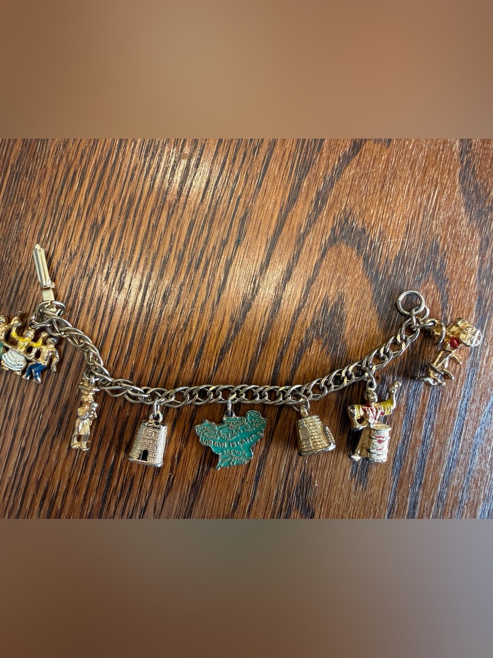 Vintage Silver tone Charm Bracelet with Green Enamel Virgin Islands Charm